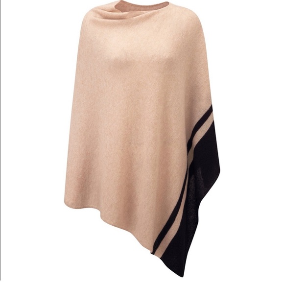 PURE Collection 100% Cashmere Poncho Cozy Wrap Beige Black Line Trim - Picture 4 of 12
